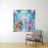 Magical Unicorn & Reindeer Kids New Year Bckdrop タペストリー (インサイチュ)
