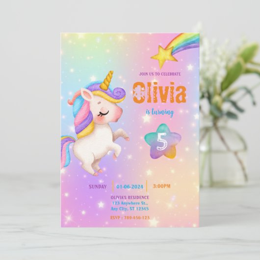 Magical Unicorns Purple Birthday Party  招待状 (スタンド正面)