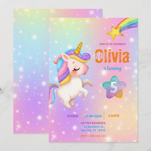 Magical Unicorns Purple Birthday Party  招待状 (正面/裏面)