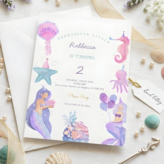 Magical Watercolor Mermaid 2nd Birthday  招待状