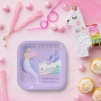 Magical Watercolor Mermaid Birthday Paper Plates ペーパープレート