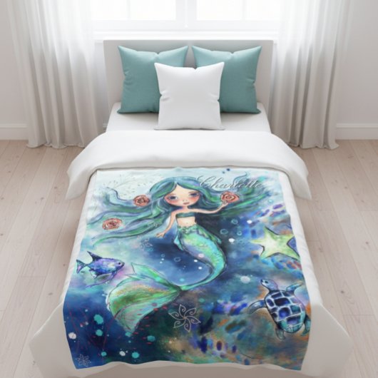Magical Watercolor Mermaid Personalized Kids  フリースブランケット