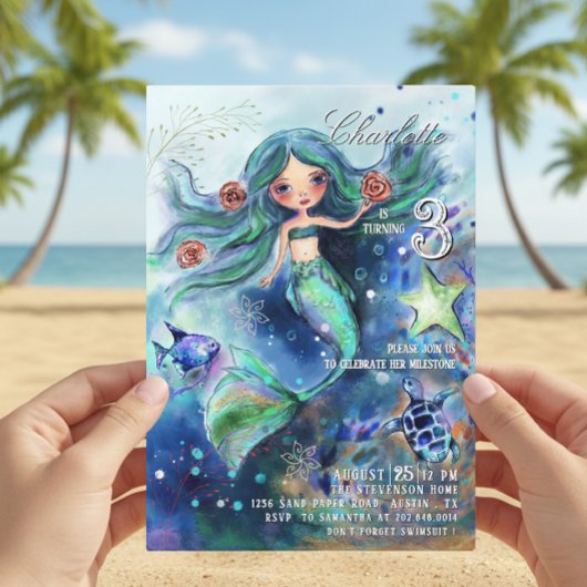 Magical Watercolor Mermaid Under the Sea Birthday  招待状