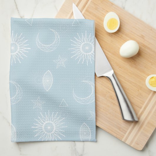 Magical White Moon Sun Stars Blue pattern キッチンタオル (四つ折り)