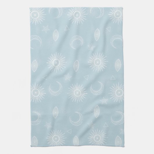 Magical White Moon Sun Stars Blue pattern キッチンタオル (縦)
