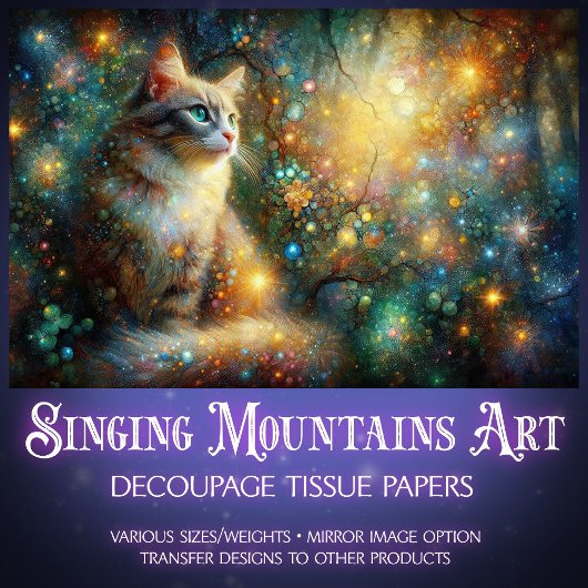 Magical Woodland Cat Fantasy Floral Decoupage  薄葉紙