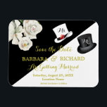 MAGNET Black & White Wedding Save the Date マグネット<br><div class="desc">ロマンチックユニークで白黒のフローラ予算日付を保存。金ゴールドレタリングをオフに設定し、紳士のための黒いトップハットと花嫁のための白い帽子。もちろん、イベントが近づくにつれて変化する「Ms and Mr」と慎重にラベル付けされている。デザインに関する質問や追加のカスタマイズやマッチング項目については、charmdesignstudio@rcn.com宛てにメールを送信するだけで、喜んでお手伝いいたします。</div>
