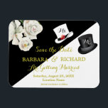 MAGNET Black & White Wedding Save the Date マグネット<br><div class="desc">ロマンチックユニークで白黒のフローラ予算日付を保存。金ゴールドレタリングをオフに設定し、紳士のための黒いトップハットと花嫁のための白い帽子。もちろん、イベントが近づくにつれて変化する「Ms and Mr」と慎重にラベル付けされている。デザインに関する質問や追加のカスタマイズやマッチング項目については、charmdesignstudio@rcn.com宛てにメールを送信するだけで、喜んでお手伝いいたします。</div>