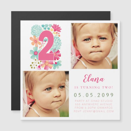MAGNET Girls金ゴールド番号2 2歳の誕生日の年写真 マグネット招待状 (正面/裏面)