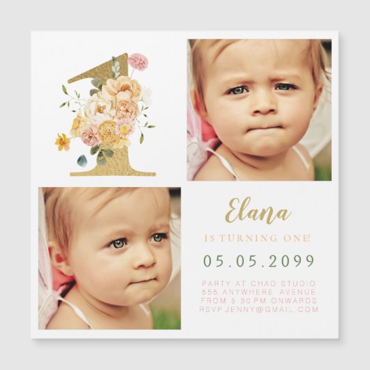 MAGNET Girls金ゴールド第1位の誕生日の年写真 マグネット招待状 (正面)