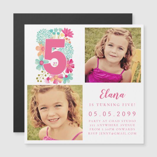 MAGNET Girls Pink Number 5誕生日年写真 マグネット招待状 (正面/裏面)