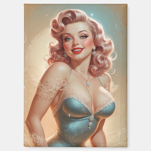 Magnet Pin-Up Blonde Glamour Robe Bleue Dentelle マグネット (正面)