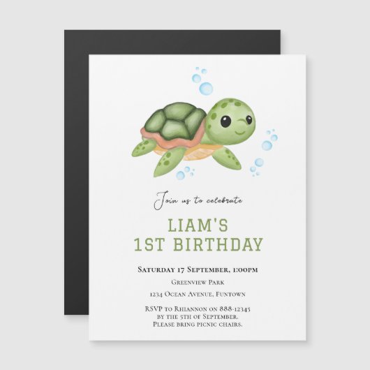 Magnetic Turtle Under the sea first birthday  マグネット招待状 (正面/裏面)