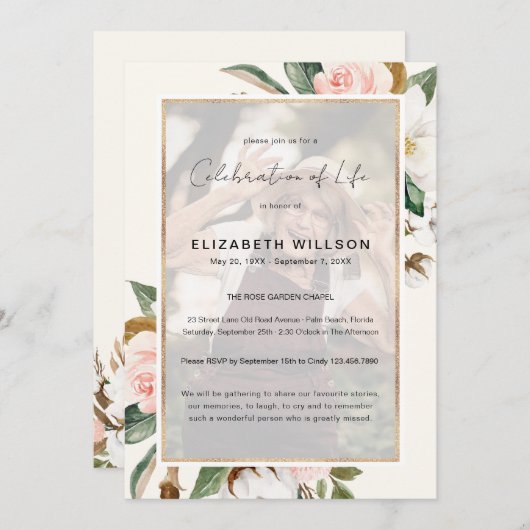 Magnoliaフローラお祝いLife葬儀写真 招待状 (正面/裏面)