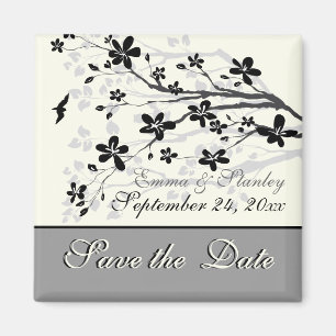 Magnoliaブランチ黒い灰色の結婚式Save the Date マグネット