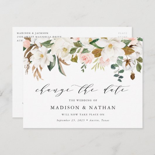 Magnolia日付の延期を結婚変更する 案内ポストカード (正面/裏面)