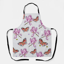 Magnolia and butterflies, watercolor pattern エプロン