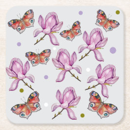 Magnolia and butterflies, watercolor pattern スクエアペーパーコースター
