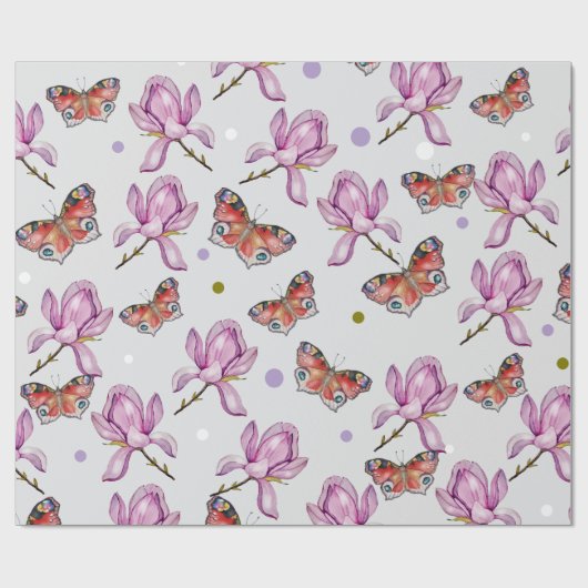 Magnolia and butterflies, watercolor pattern ラッピングペーパー (フラット)