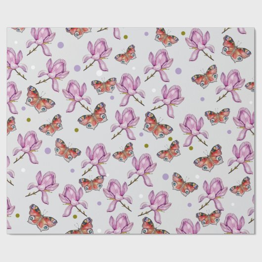 Magnolia and butterflies, watercolor pattern ラッピングペーパー (フラット)