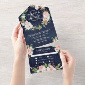 Magnolia Blush Pink Floral Wreath Navy Wedding オールインワン招待状 (貼ってはがせる)
