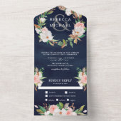 Magnolia Blush Pink Floral Wreath Navy Wedding オールインワン招待状 (内側)
