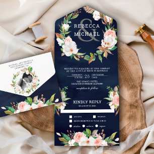 Magnolia Blush Pink Floral Wreath Navy Wedding オールインワン招待状