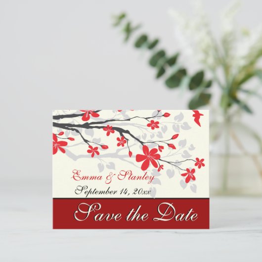 Magnolia branch red's 結婚カスタムSave the Date 案内ポストカード (スタンド正面)