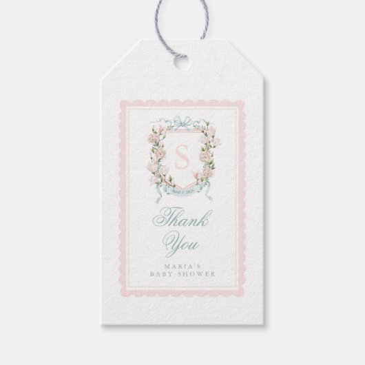 Magnolia Crest Favor Tag | ピンクの波状縁のリボン ギフトタグ (正面)