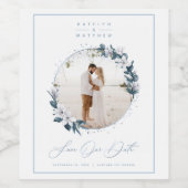 Magnolia & Dusty Blue Circle Photo Save the Date ワインラベル (シングルラベル)