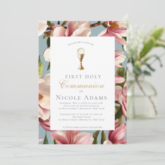 Magnolia Floral First Communion 招待状 (スタンド正面)