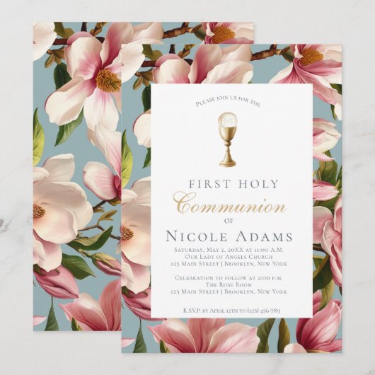 Magnolia Floral First Communion 招待状 (正面/裏面)