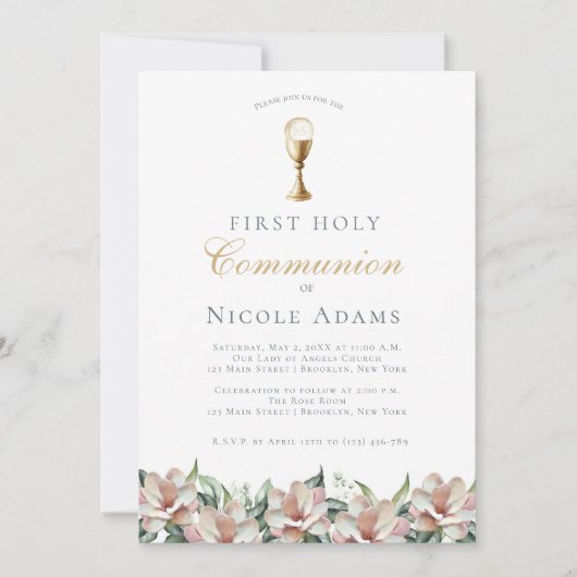 Magnolia Floral First Communion  招待状 (正面)