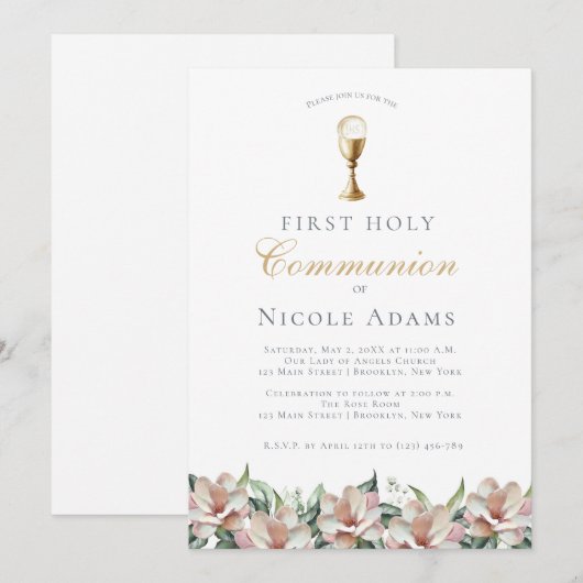 Magnolia Floral First Communion 招待状 (正面/裏面)