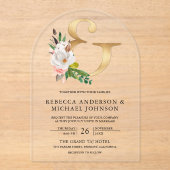 Magnolia Floral Gold Ampersand Wedding アクリル招待状 (正面)