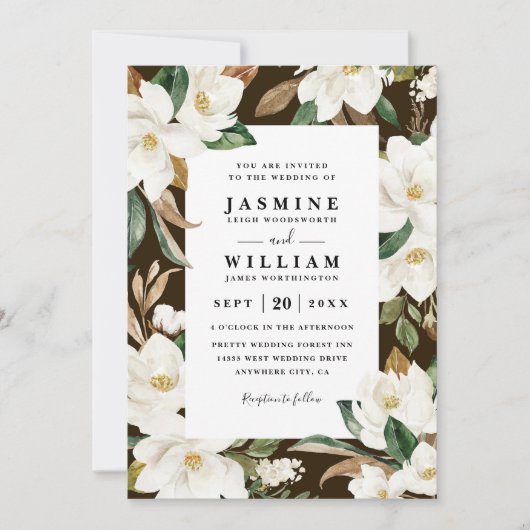 Magnolia Floral Rustic Elegant QR Code Wedding 招待状 (正面)