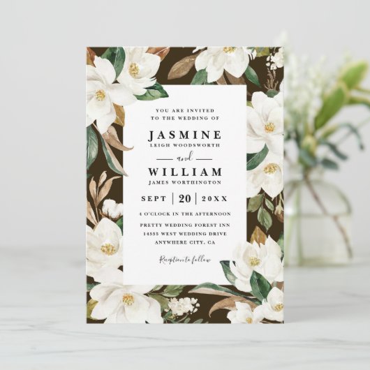 Magnolia Floral Rustic Elegant QR Code Wedding 招待状 (スタンド正面)