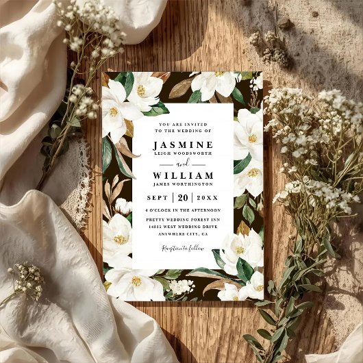 Magnolia Floral Rustic Elegant QR Code Wedding 招待状