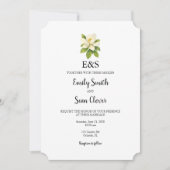 Magnolia Flower Wedding Monogram Blue Stripe 招待状 (正面)