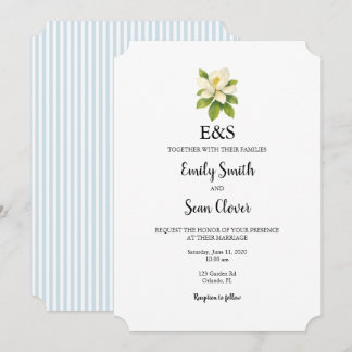 Magnolia Flower Wedding Monogram Blue Stripe 招待状