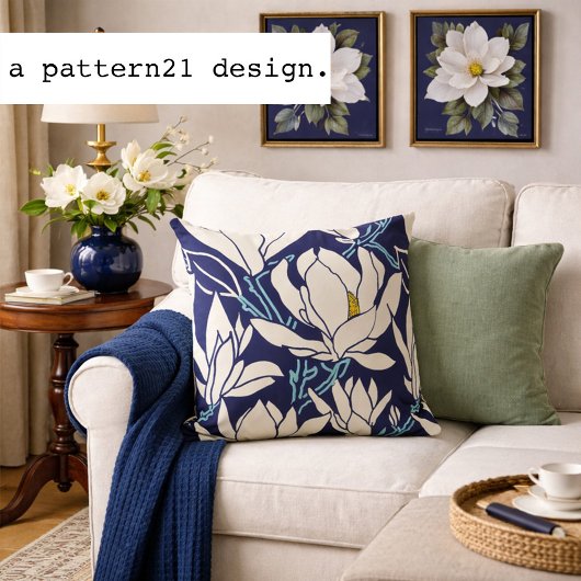 Magnolia graphic in indigo pattern クッション