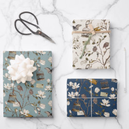 Magnolia Grove with Owls in Cream and Blue ラッピングペーパーシート