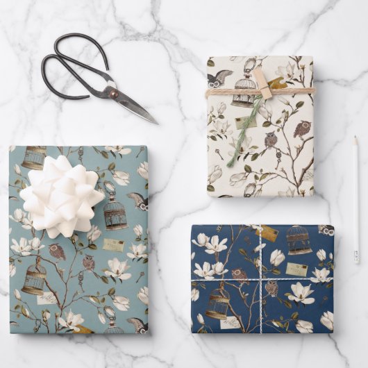 Magnolia Grove with Owls in Cream and Blue ラッピングペーパーシート (正面)