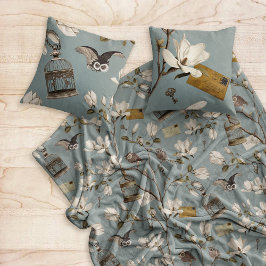 Magnolia Grove with Owls in Duck egg blue フリースブランケット