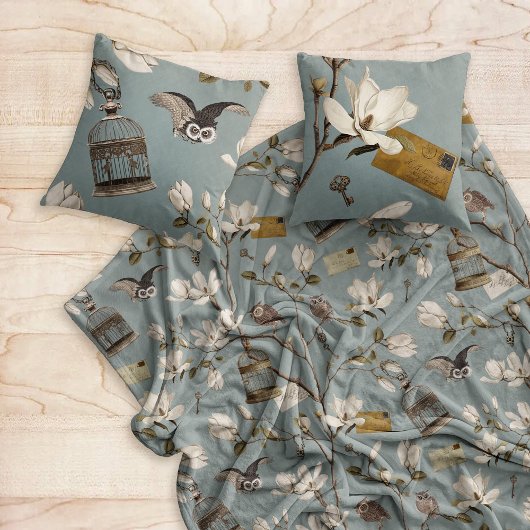 Magnolia Grove with Owls in Duck egg blue フリースブランケット