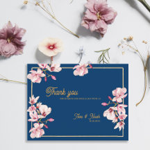 Magnolia Navy Blue Floral Wedding Thank You