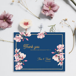 Magnolia Navy Blue Floral Wedding Thank You ポストカード
