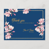 Magnolia Navy Blue Floral Wedding Thank You ポストカード (正面)