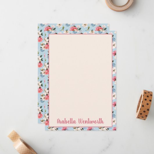 Magnolias and Carnations on Blue Personalized ノートカード (正面/裏面インサイチュ)