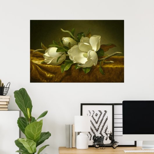 Magnolias on Gold Velvet Cloth by MJ Heade ポスター (ホームオフィス)